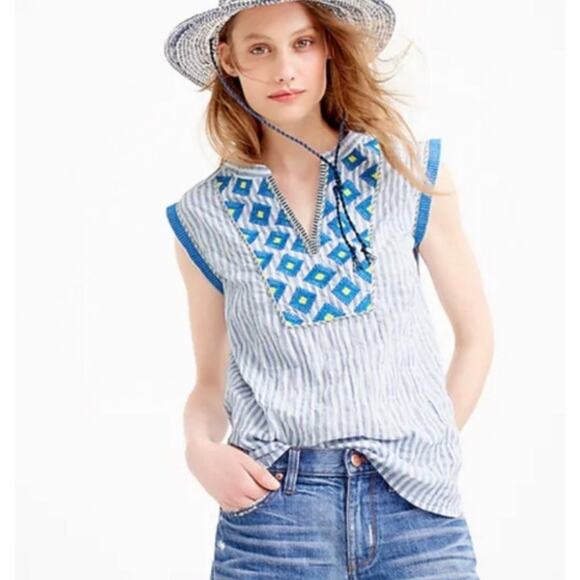 J. Crew Women's Blue Sleeveless Boho Sunburst Embroidered Crinkle Blouse Size 0 - Picture 1 of 9